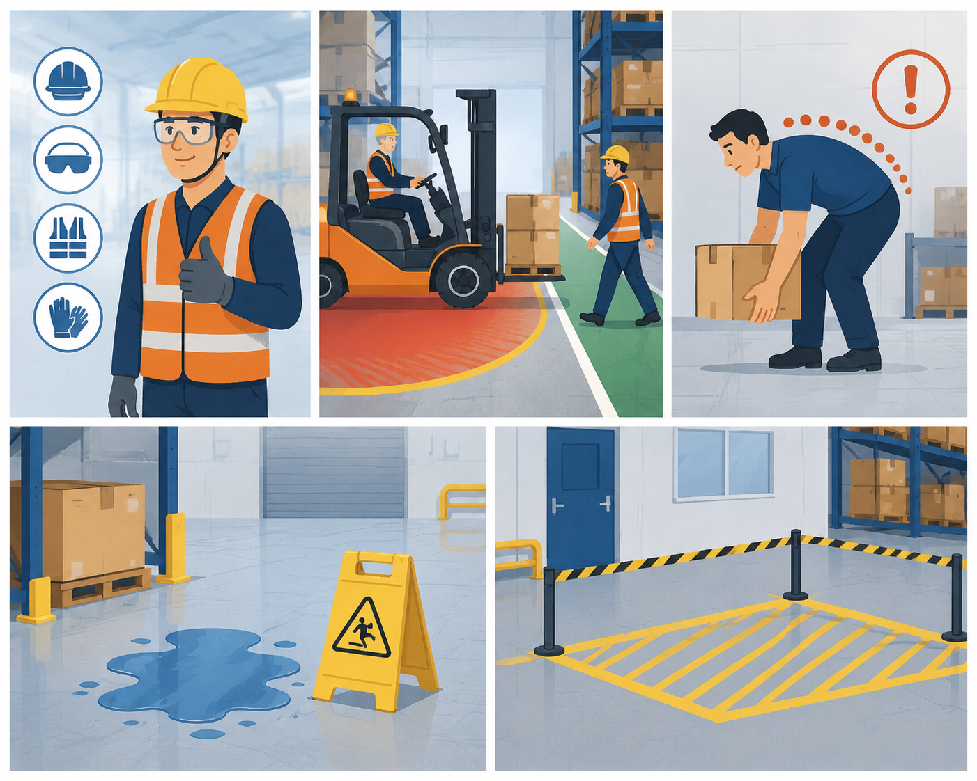 Five warehouse safety scenes showing PPE, forklift-pedestrian interaction, ergonomic risk, housekeeping hazard, and restricted-zone control