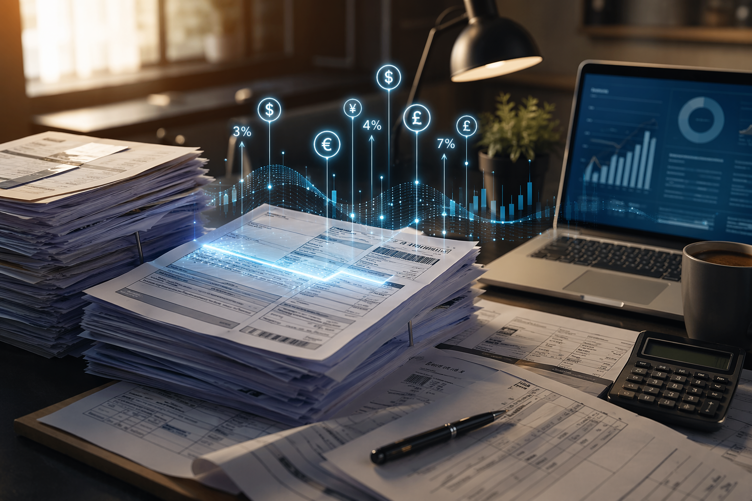 Freight invoices and shipping documents overlaid with a digital analytical grid showing detected billing errors and recovered spend