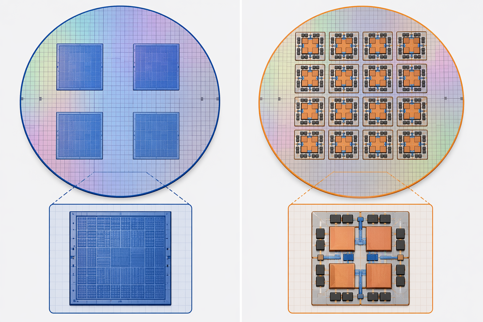 Technical comparison of a large monolithic GPU die and AMD's smaller chiplet-based die layout on wafer reticles