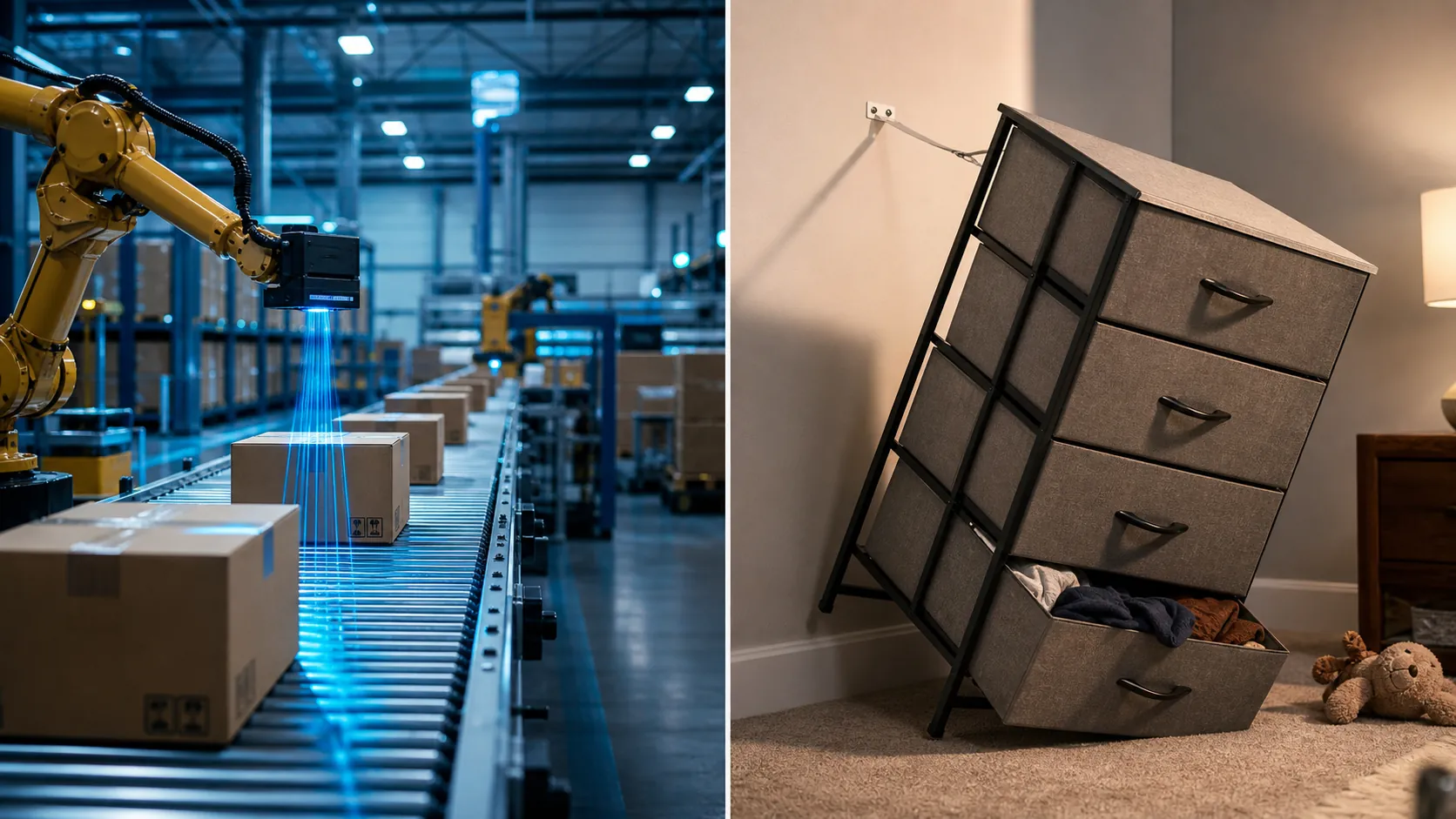Automated distribution center package scanning contrasted with a fabric dresser tipping on carpet