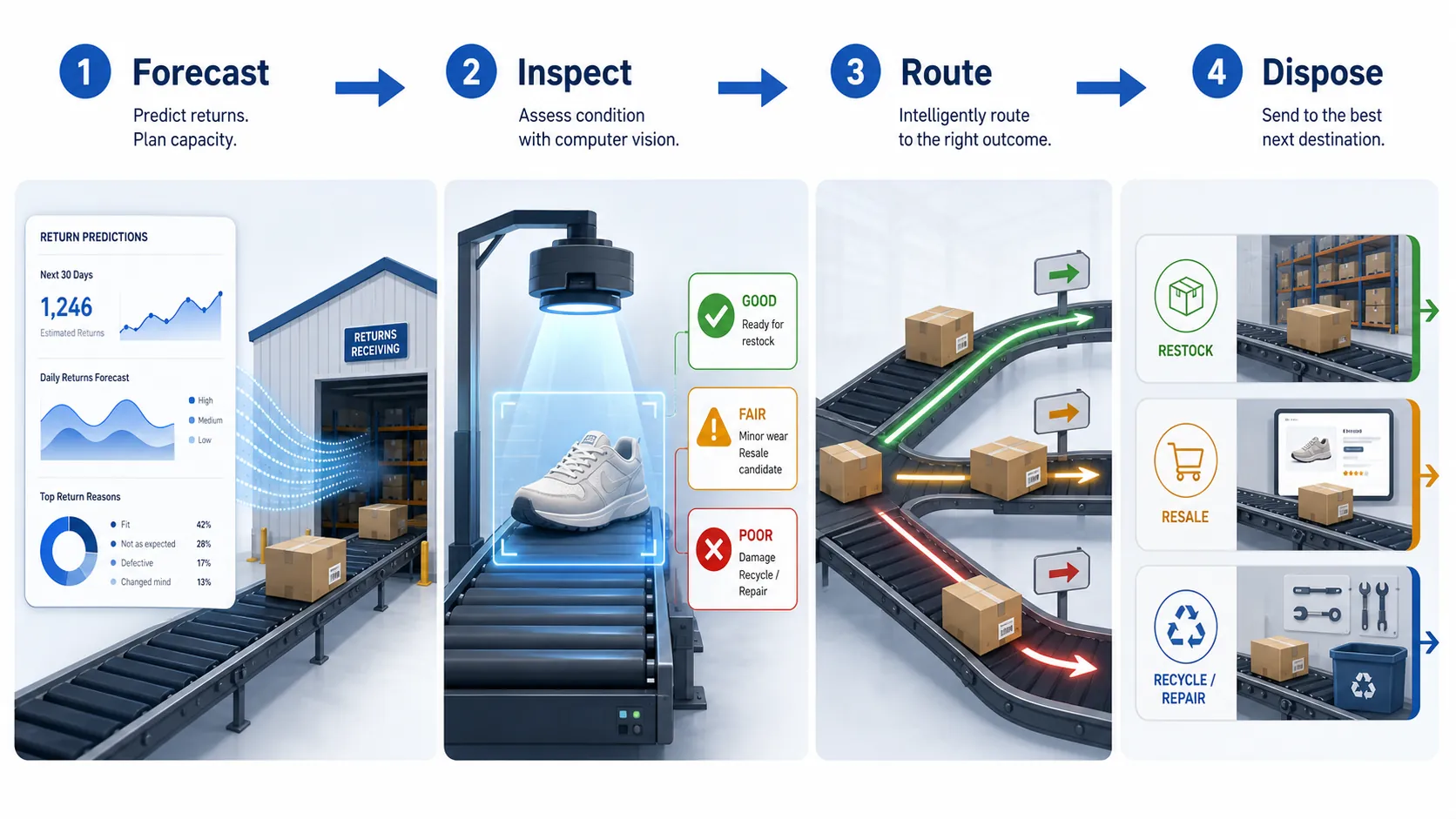 AI-powered reverse logistics workflow from forecasting to inspection, routing, and disposition