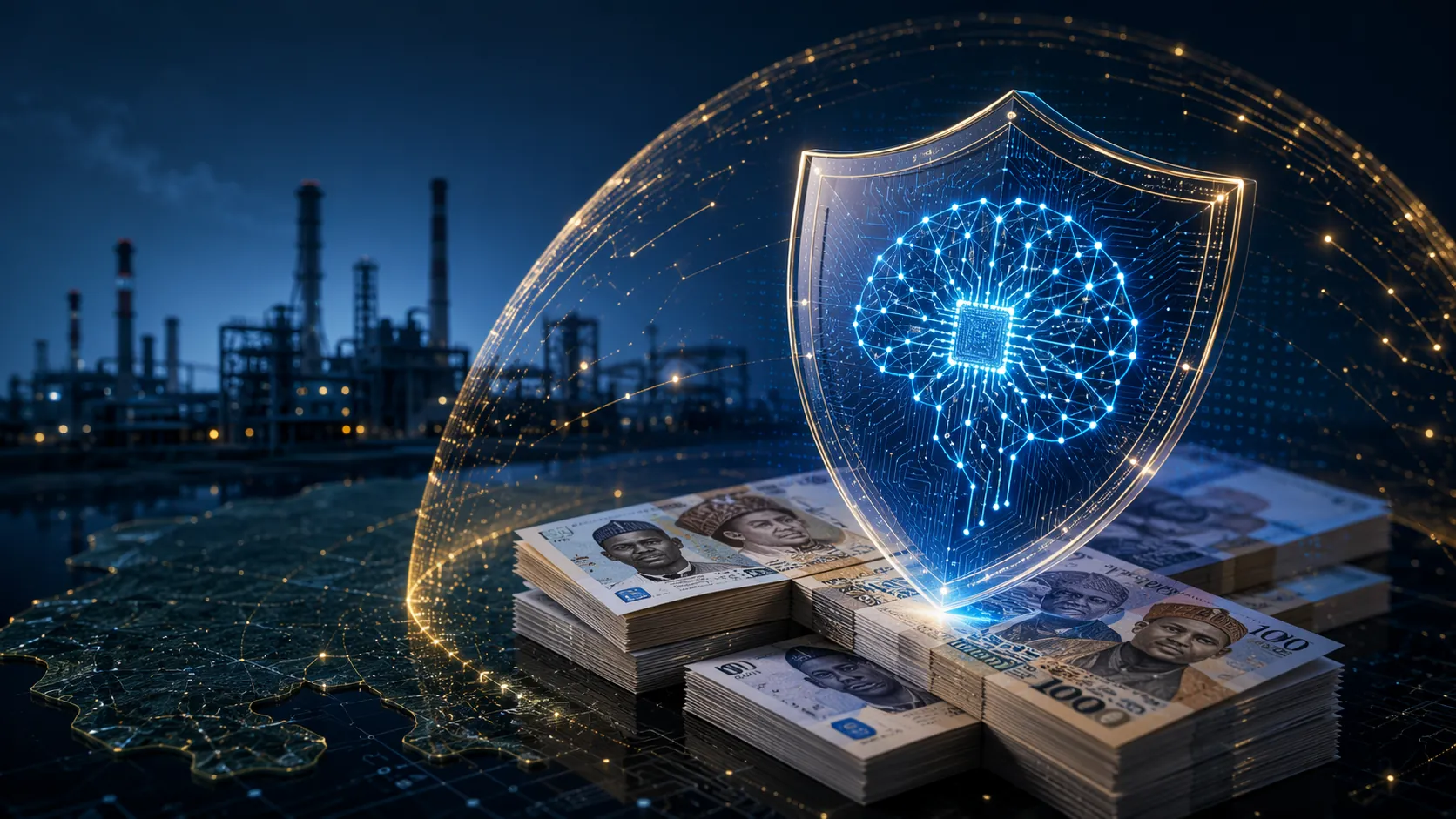 Digital neural network shield over Nigerian naira banknotes with a factory skyline