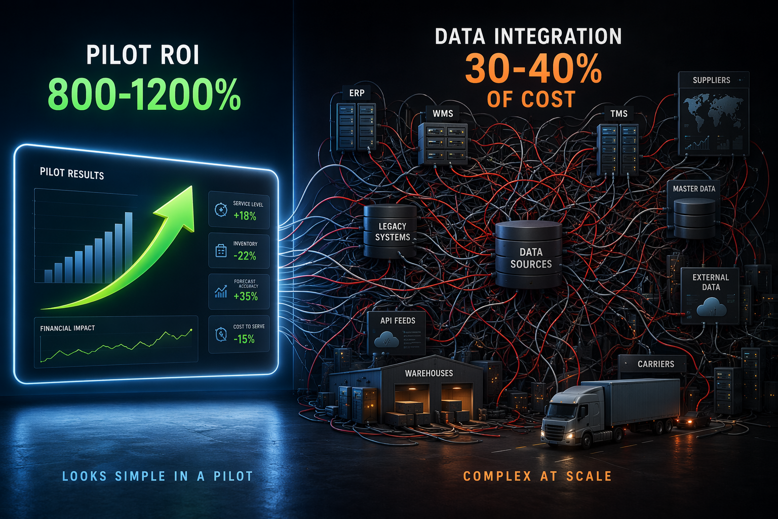 Split composition contrasting high pilot ROI on a clean dashboard with tangled data connections across trucks, warehouses, and databases