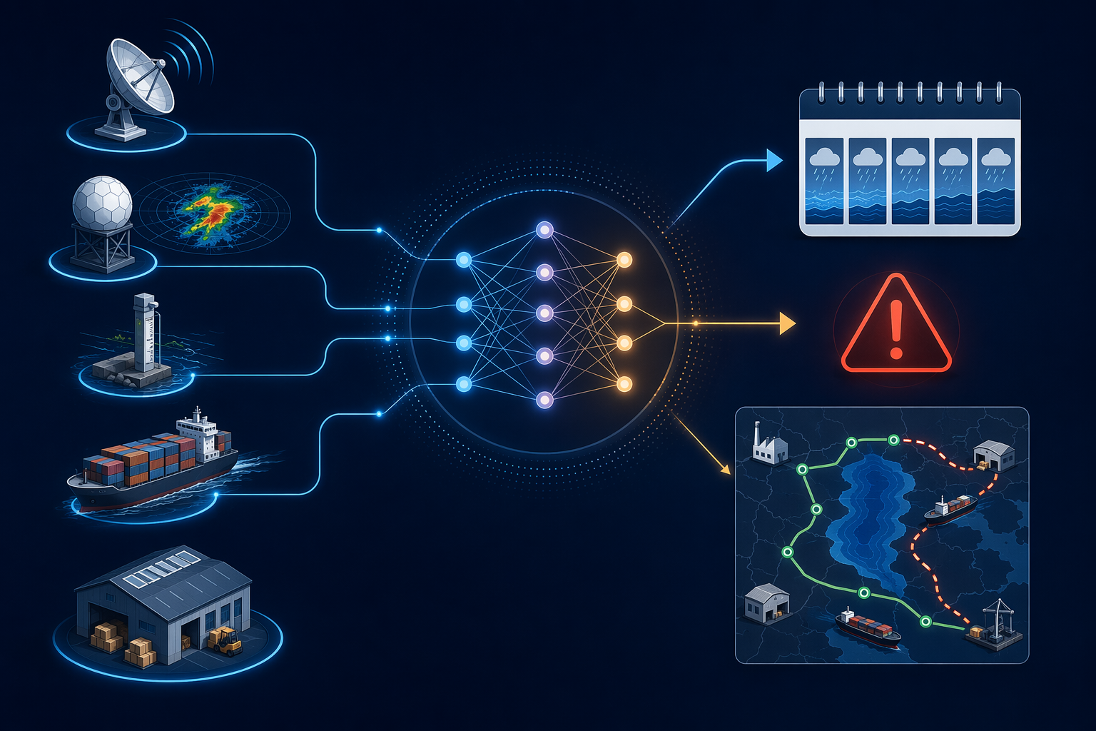 AI flood prediction workflow connecting satellite, weather, river, ship, and warehouse signals to warning and rerouting outputs