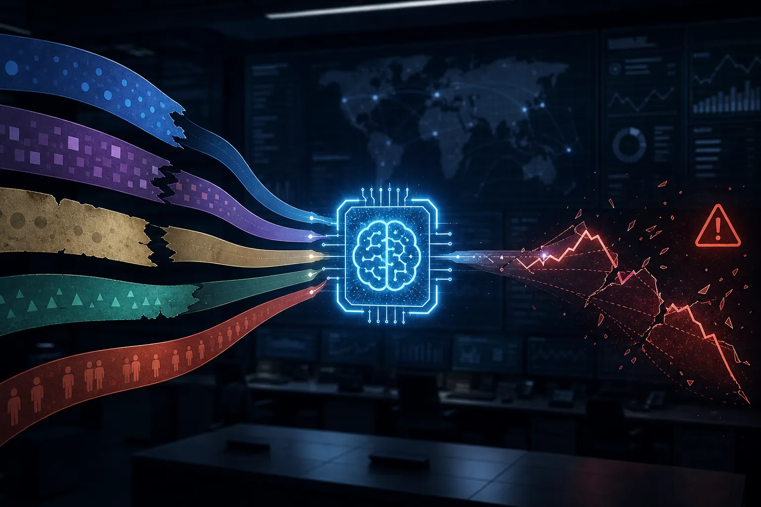 Damaged data streams entering an AI engine and producing a fractured forecast graph