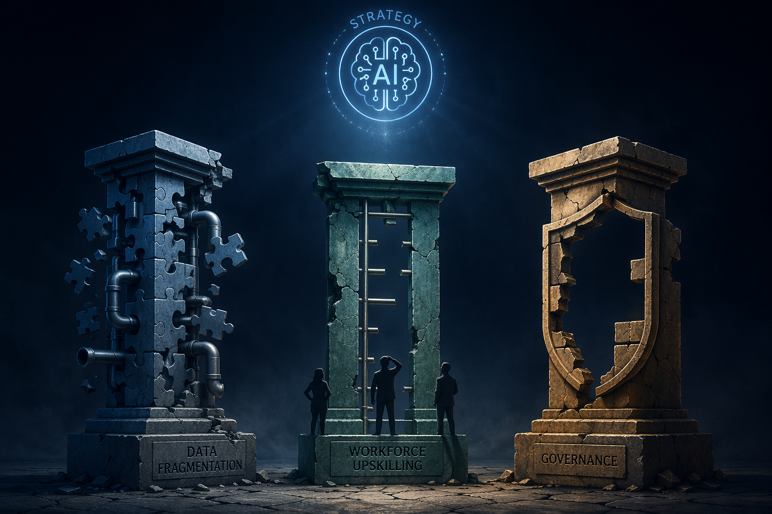 Three weak pillars showing data fragmentation, workforce upskilling gaps, and weak governance beneath an AI strategy icon
