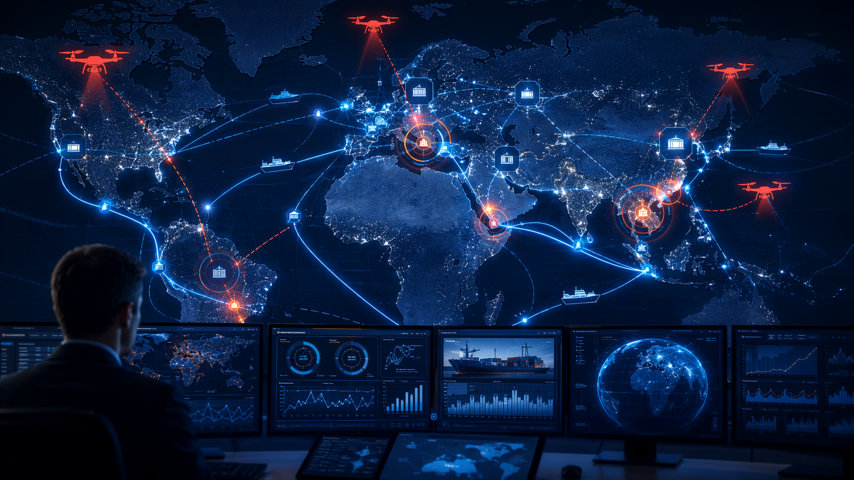 World map with illuminated shipping lanes, drone threat indicators, connected logistics nodes, and risk score overlays