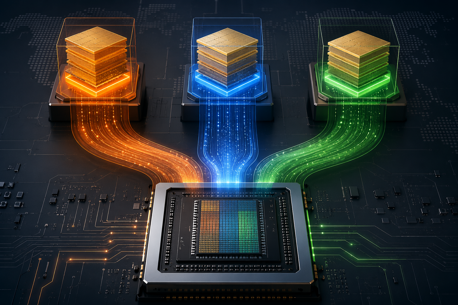 Three HBM supplier channels from Samsung, SK Hynix, and Micron converging into an AMD Instinct GPU