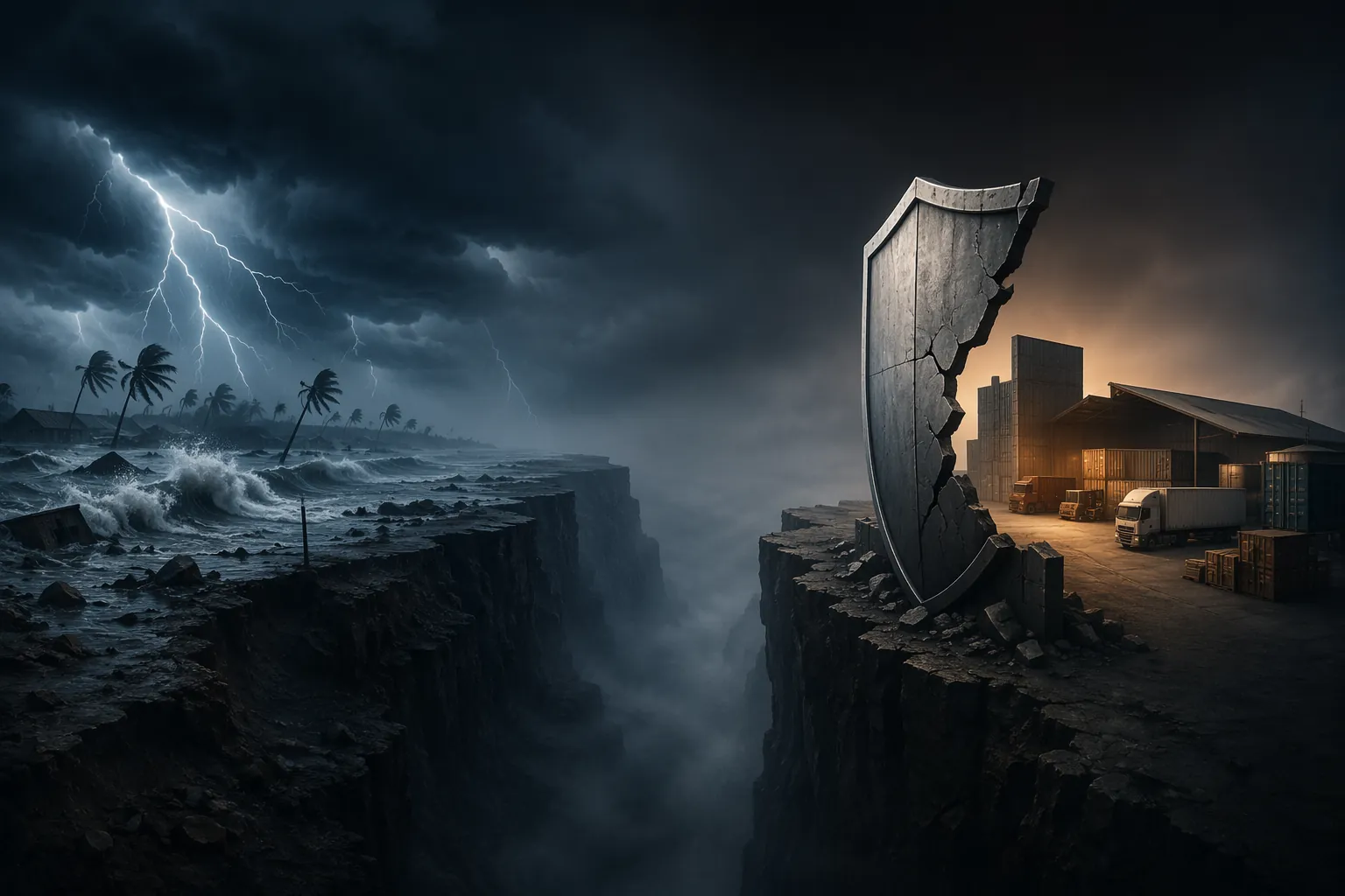 Storm, flood, warehouse, truck, and container symbols facing an incomplete protective barrier