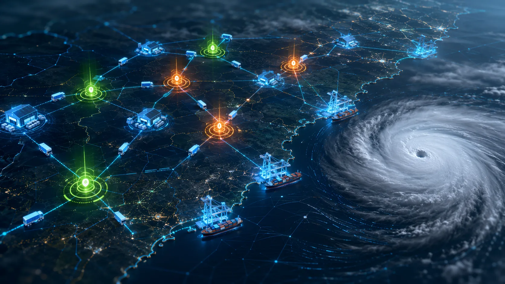 Digital twin supply chain network with storm risk approaching coastal logistics nodes