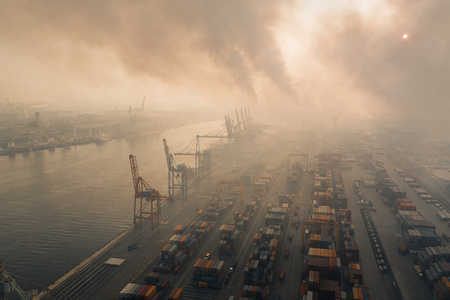 Major logistics port and container yard shrouded in wildfire smoke haze