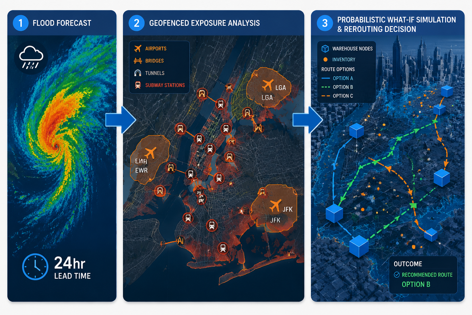Workflow diagram showing weather radar feeding a geofenced NYC map and then a digital twin simulation with warehouses, inventory, and rerouting paths