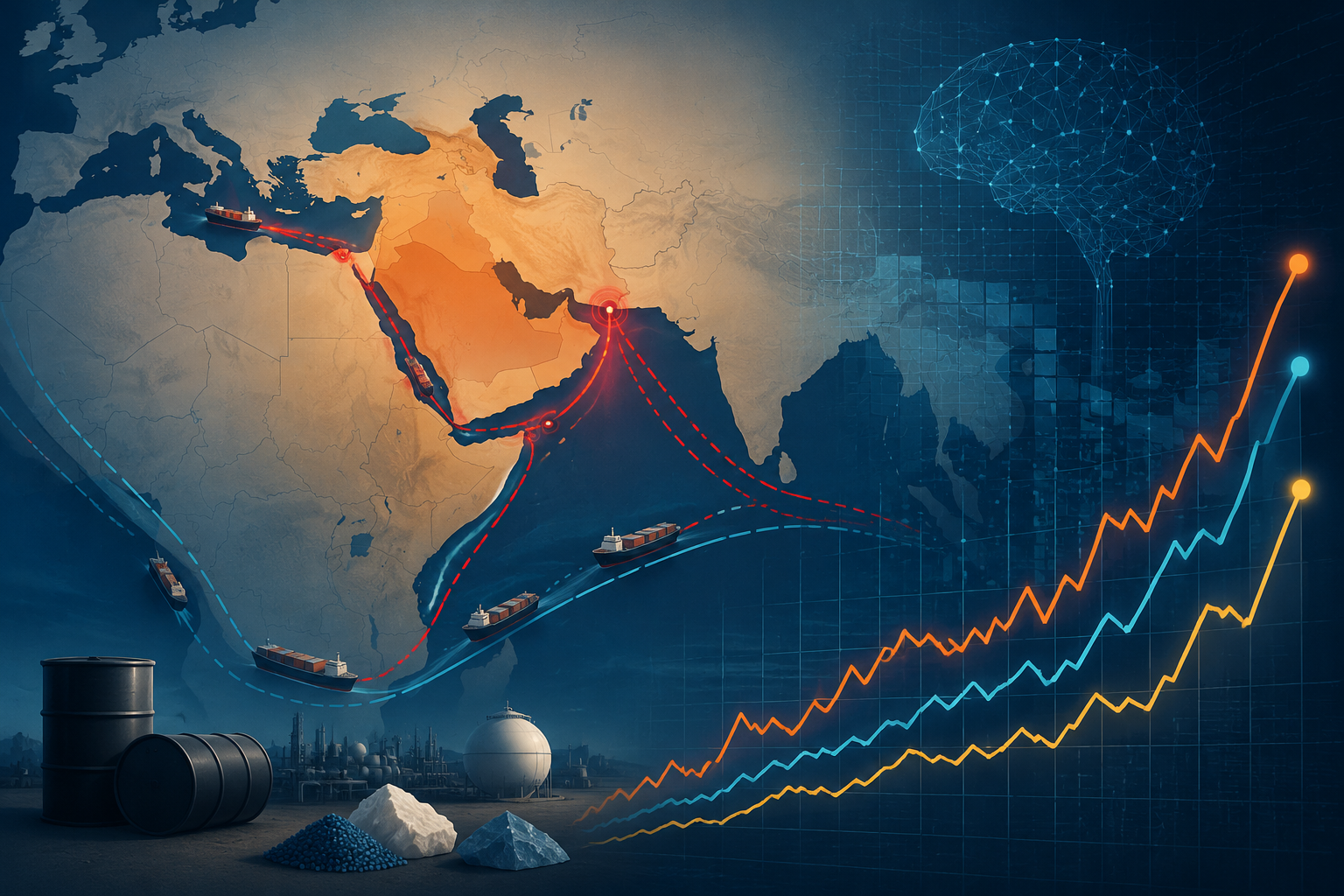 Stylized Middle East map with disrupted Red Sea and Strait of Hormuz shipping lines and simultaneous commodity price spikes
