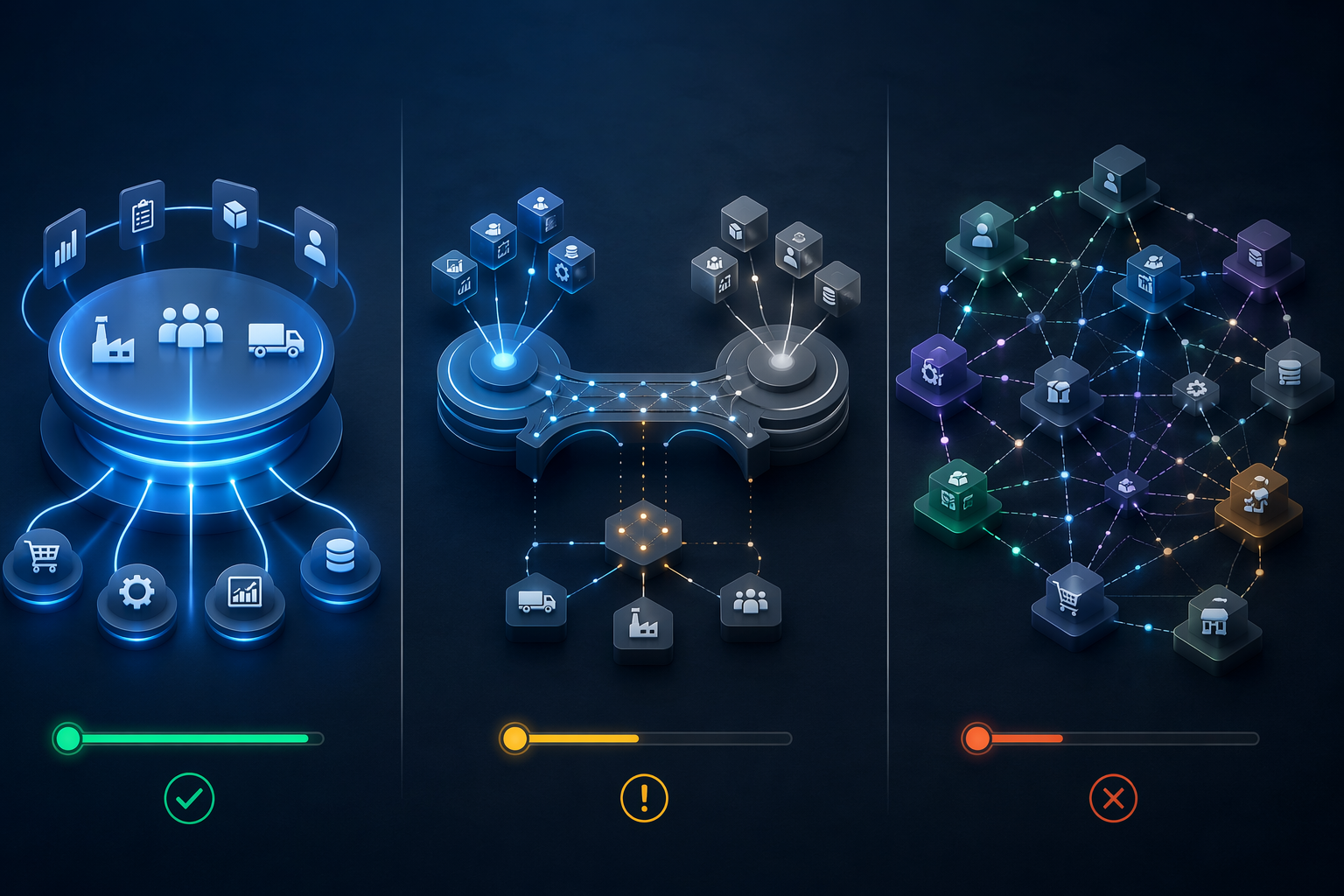 Three enterprise architecture scenarios showing unified platform, bridged integration, and complex multi-vendor network