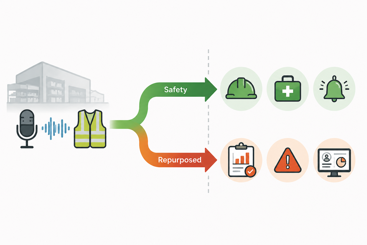 Diagram showing audio data flowing toward safety outcomes and branching toward surveillance outcomes