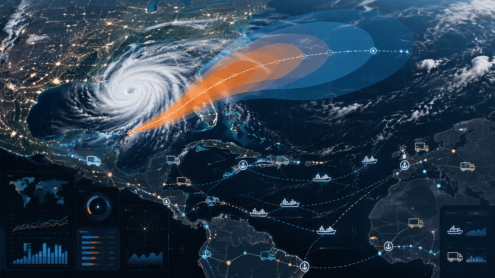 Hurricane forecast cones over a logistics network map with ports, routes, nodes, and truck icons