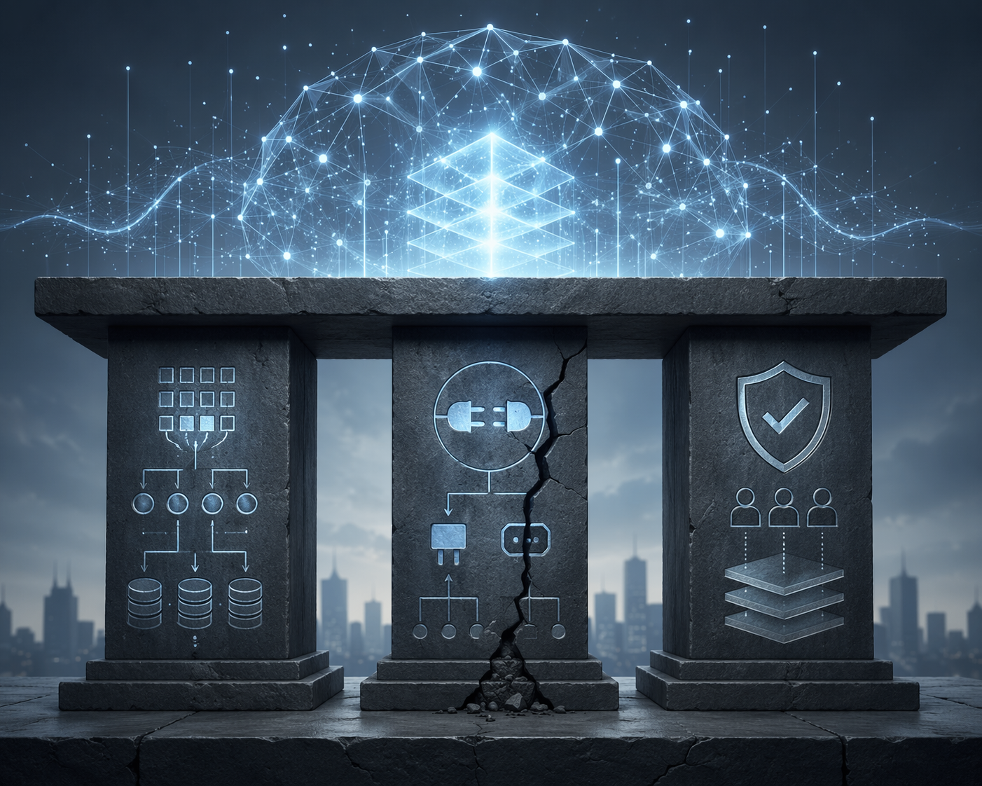 Three foundation pillars supporting an abstract AI structure, representing data, integration, and governance