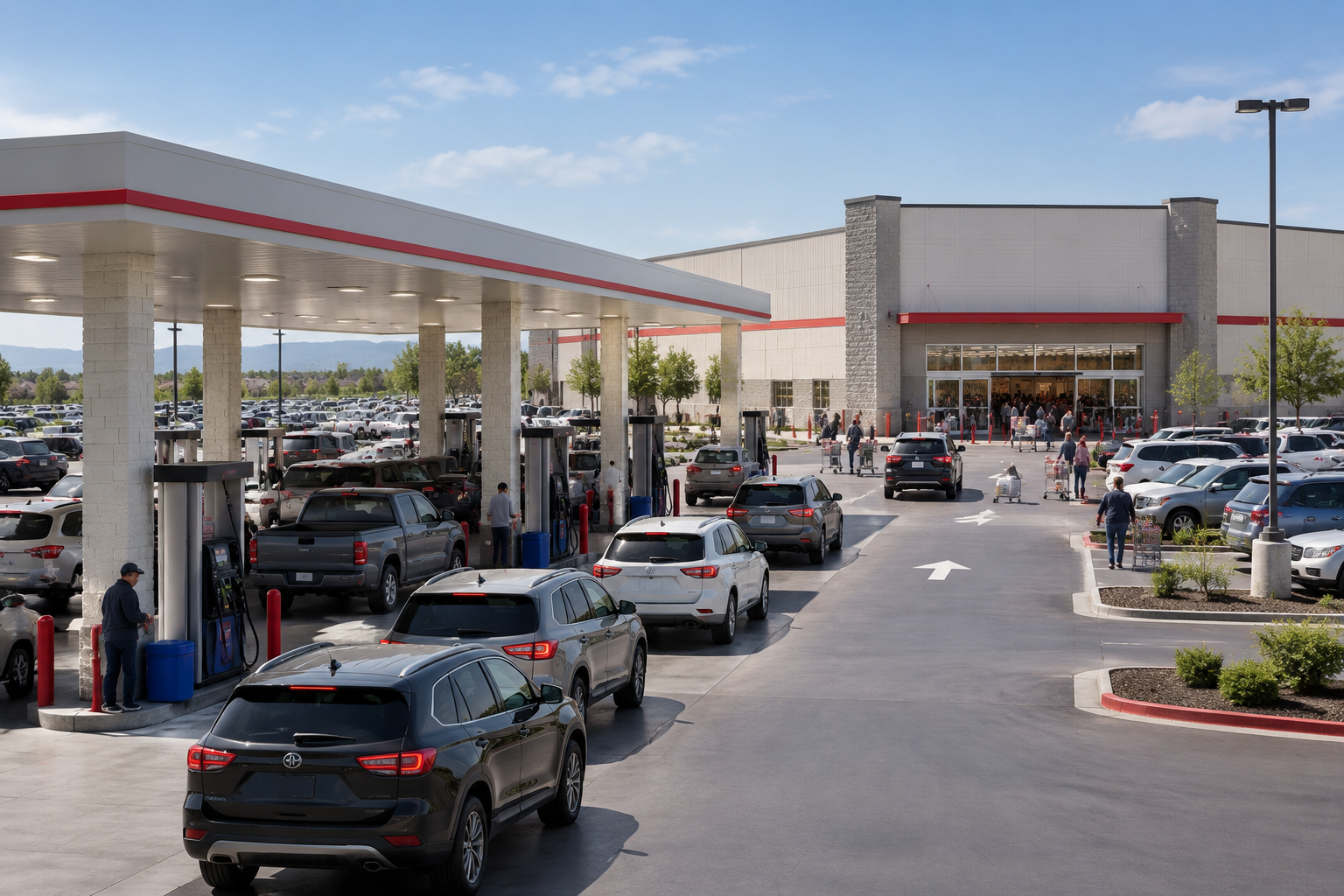 Busy Costco-style gas station in front of a warehouse with cars queued at pumps and traffic flowing toward the store