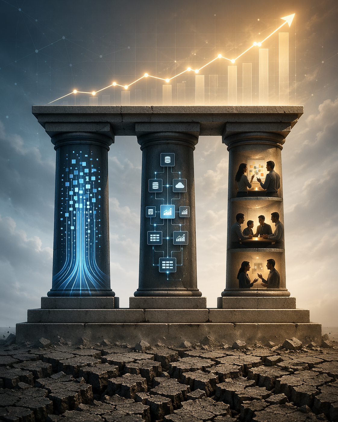 Three pillars representing data readiness, integration depth, and change management over a cracked base.