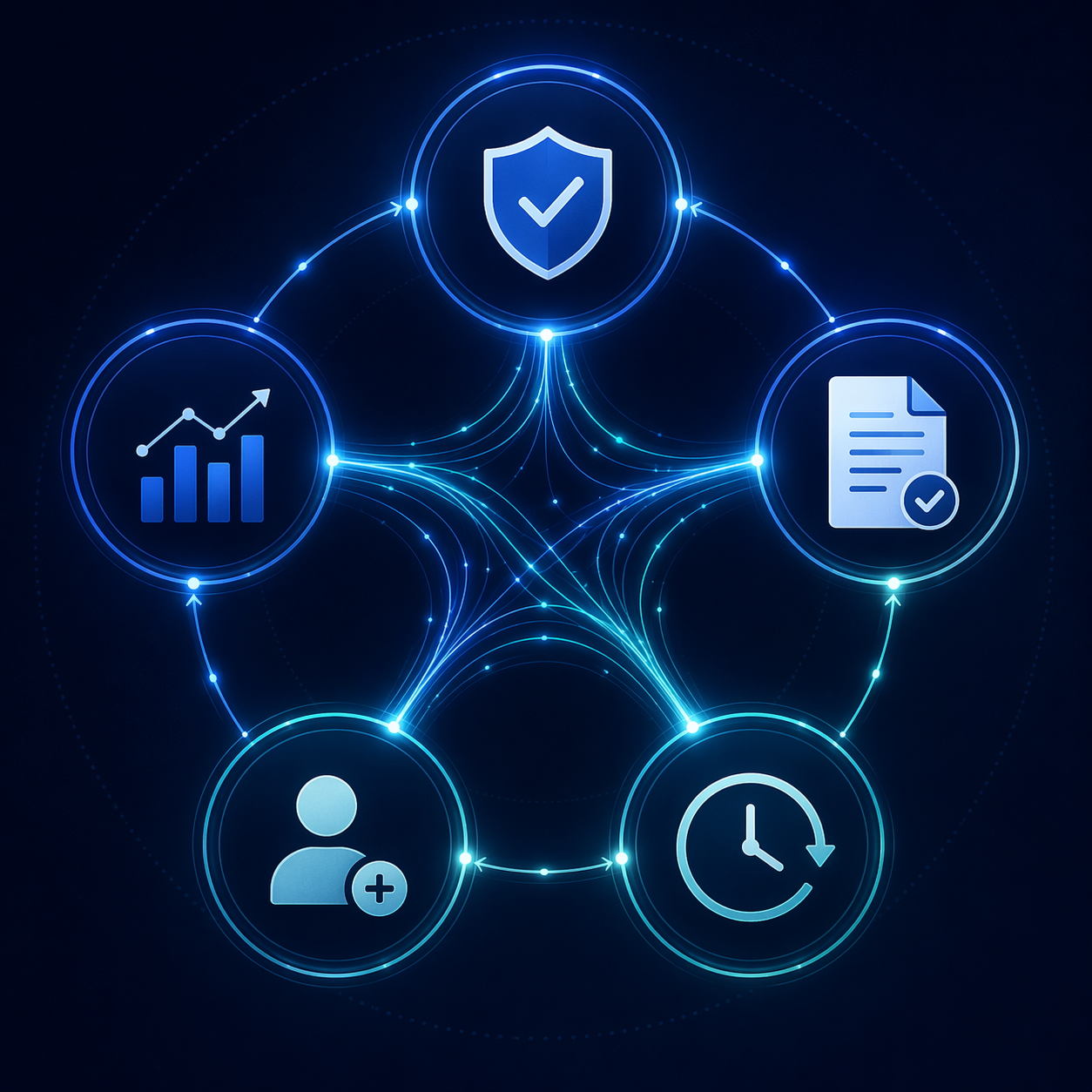 Five connected AI application nodes in supply chain finance linked by flowing data lines
