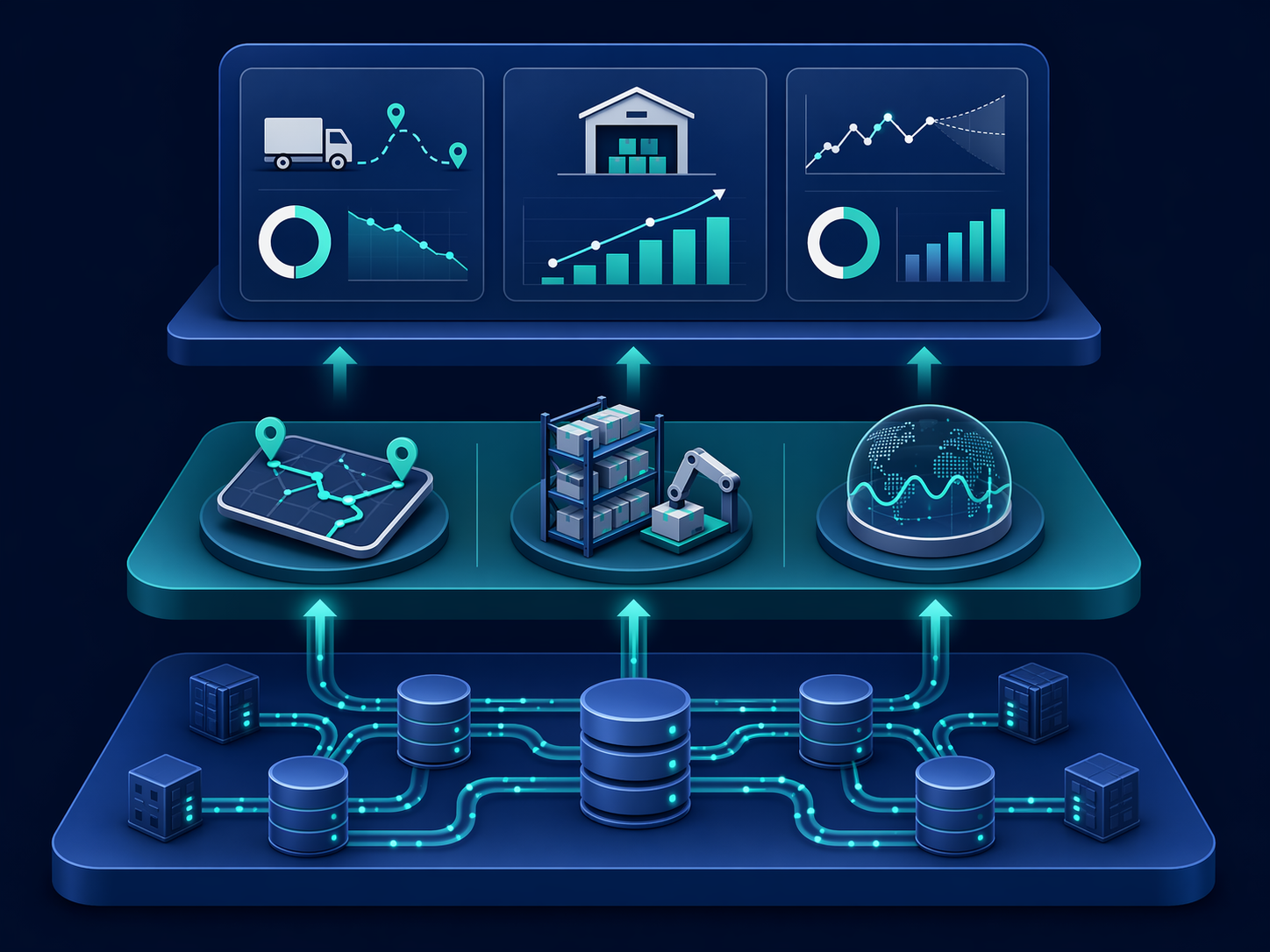 Framework showing data infrastructure, focused logistics AI use cases, and KPI dashboard metrics