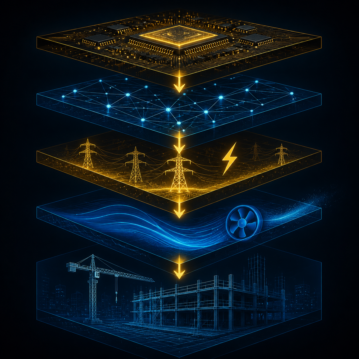 Five AI infrastructure supply chain layers connected by demand-flow arrows