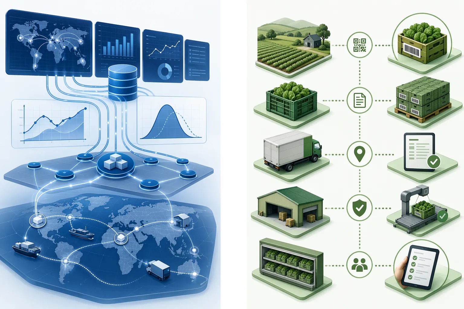 Comparison illustration separating planning platform functions from FSMA 204 lot-level traceability requirements