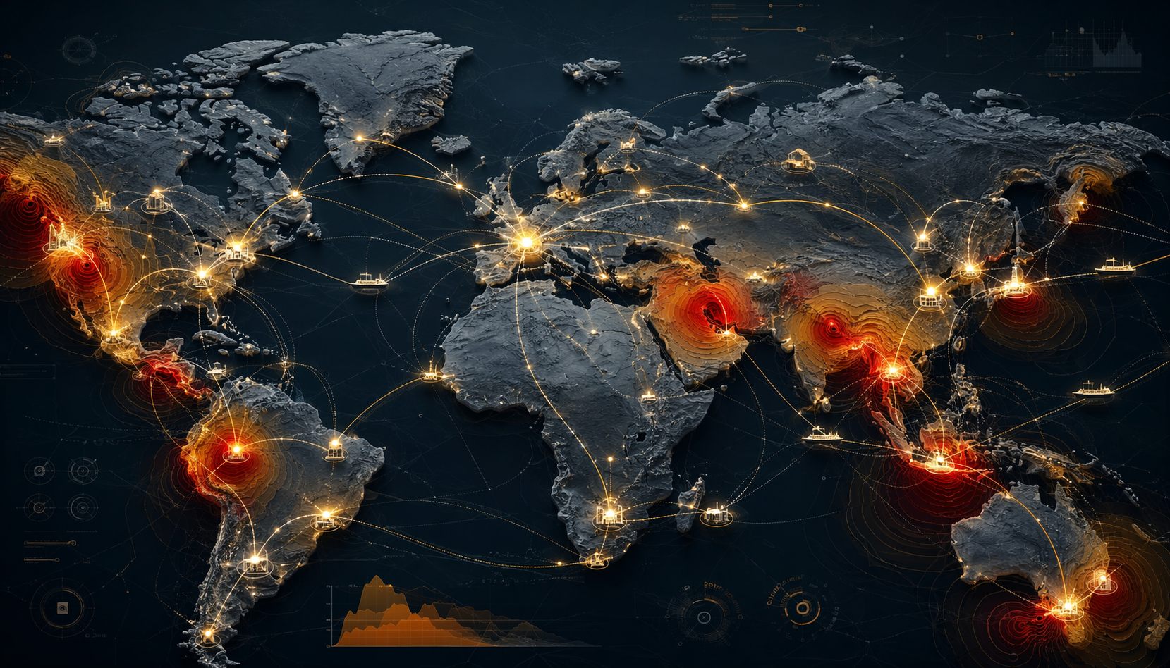 Stylized global supply chain network over a seismic hazard map