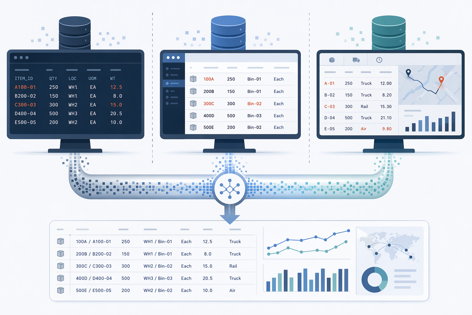 ERP, WMS, and TMS logistics data interfaces with mismatched fields feeding into a clean predictive analytics pipeline