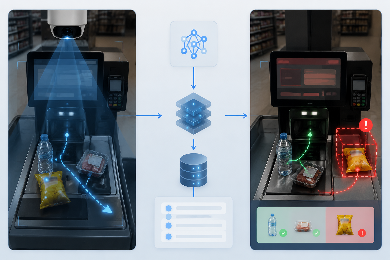 Diagram of camera tracking, POS transaction matching, and mismatch alert at self-checkout