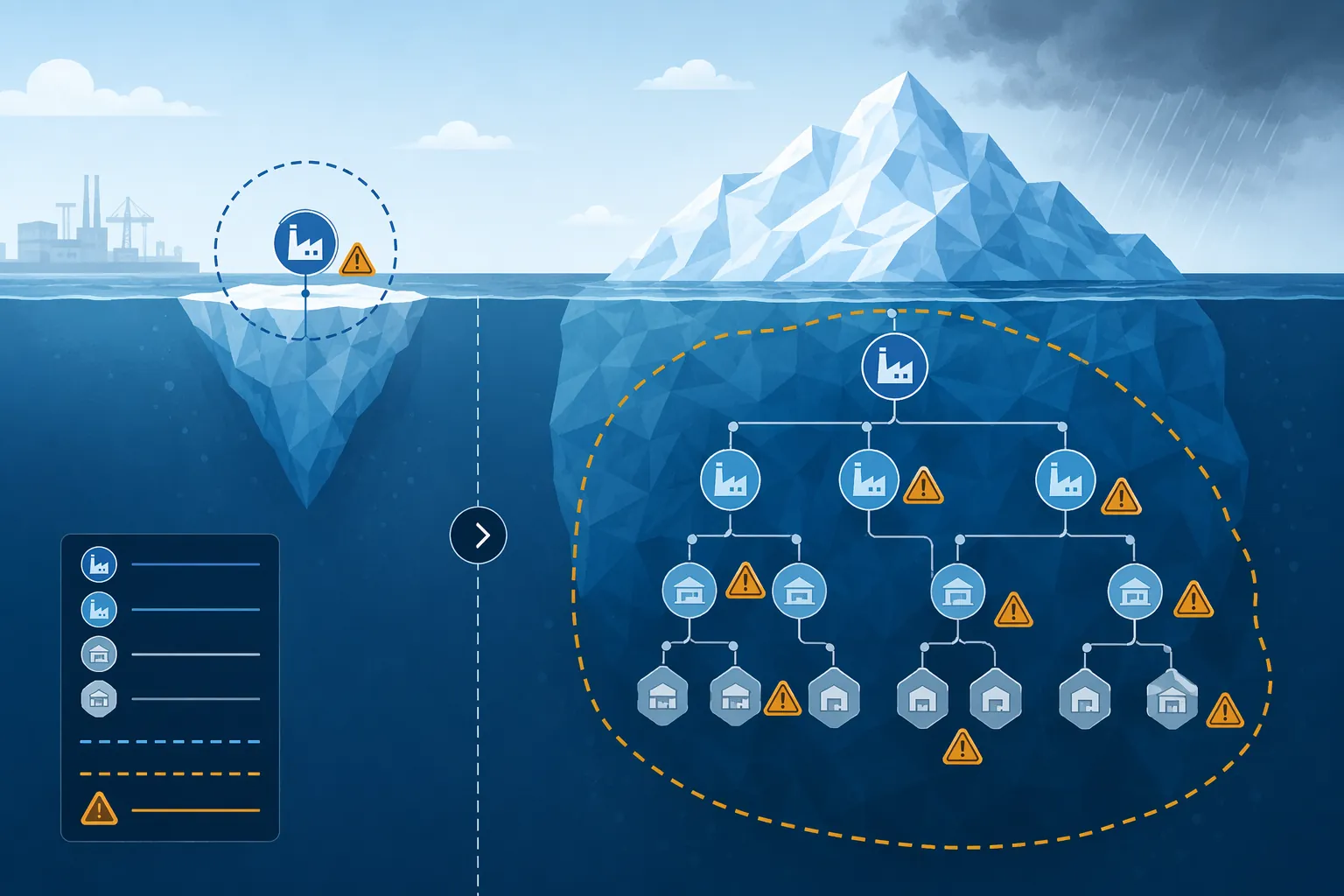 Illustration comparing tier-1-only monitoring with a larger submerged tier-2 to tier-4 supplier risk area