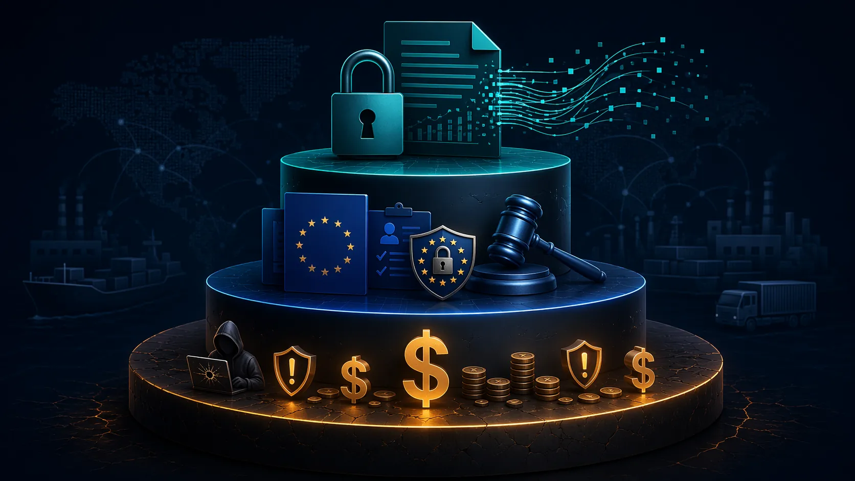 Layered cost and liability stack showing breach cost, compliance, and competitive intelligence exposure