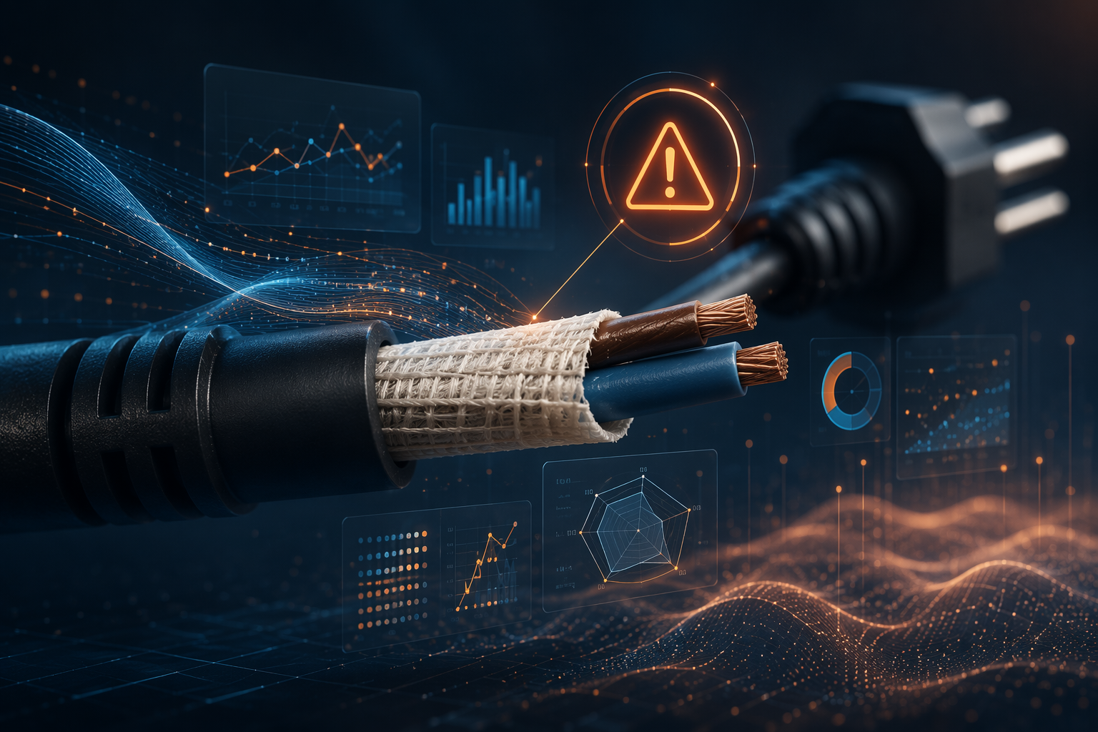 Electrical power cord with incomplete fiberglass sleeve coverage surrounded by AI quality alerts and supplier monitoring data