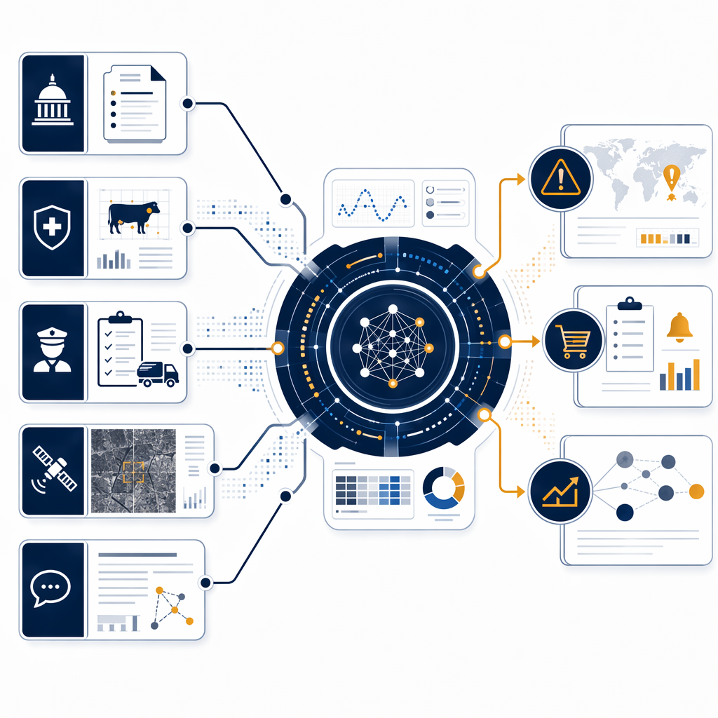 Signal processing pipeline connecting USDA APHIS, CDC animal data, CBP inspection, satellite surveillance, and news feeds to procurement alerts
