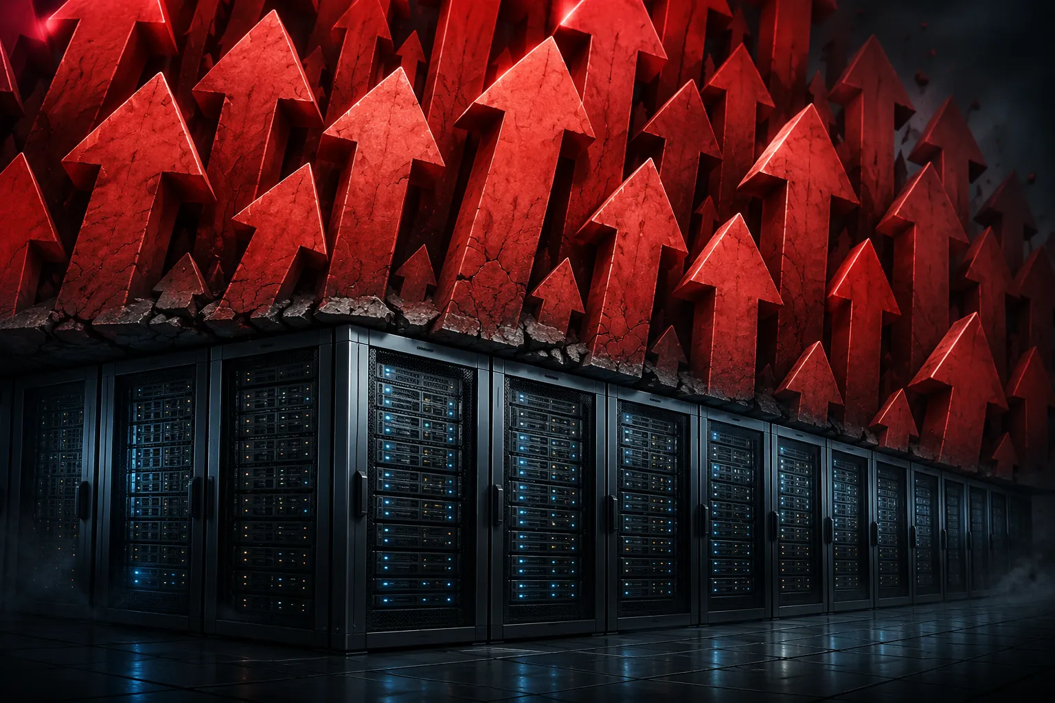 Red component cost arrows pressing against stable server racks