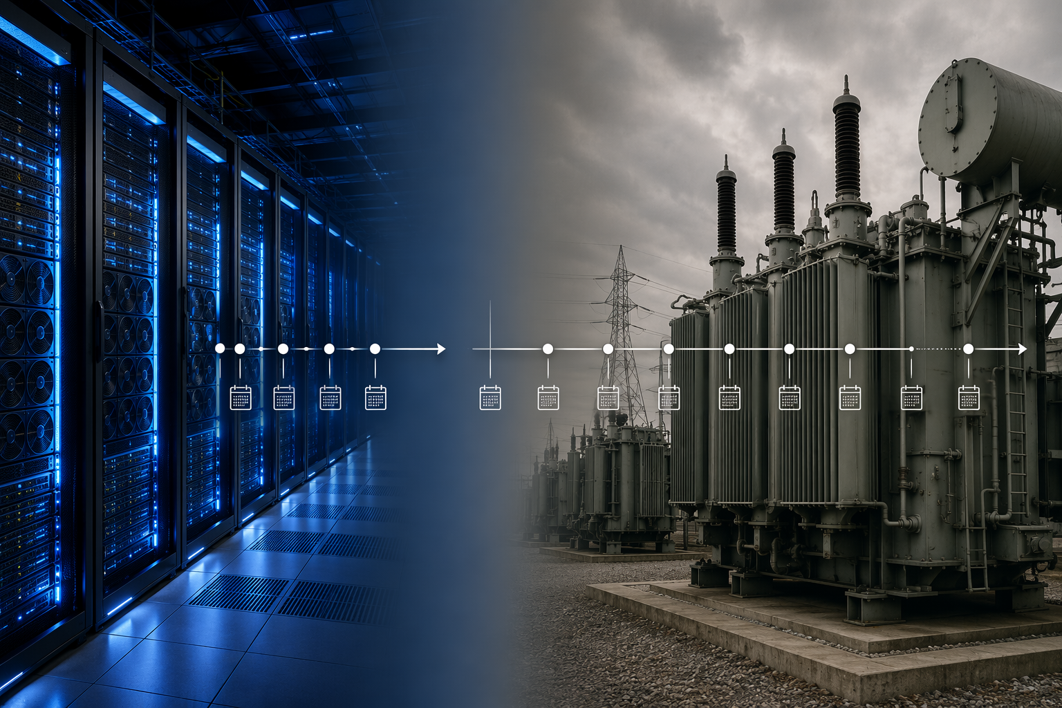 GPU server racks contrasted with industrial power transformers and a timeline showing deployment mismatch