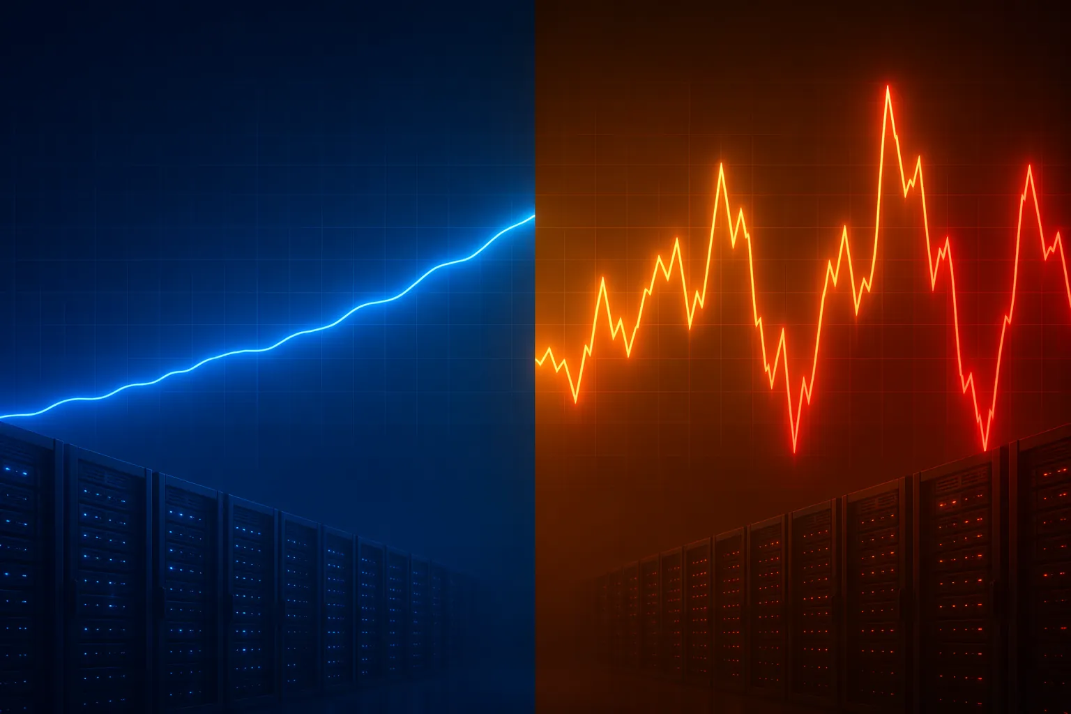 Comparison of smooth industrial power demand and sharp AI workload power swings