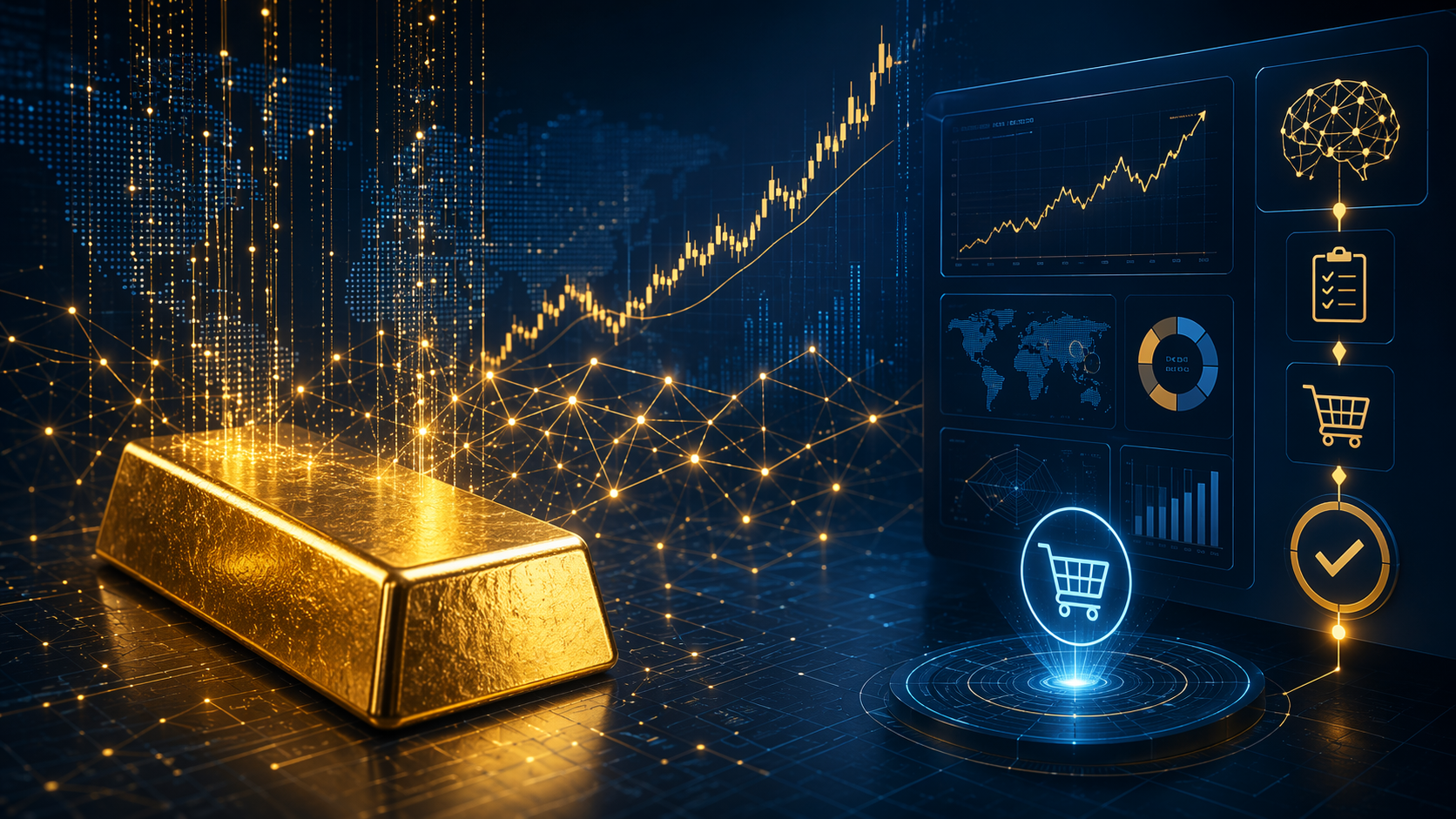 Gold bullion with digital data overlays and procurement dashboard interface