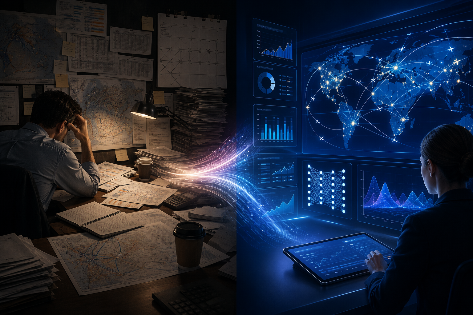 Traditional airline route planning documents beside a real-time AI route network dashboard