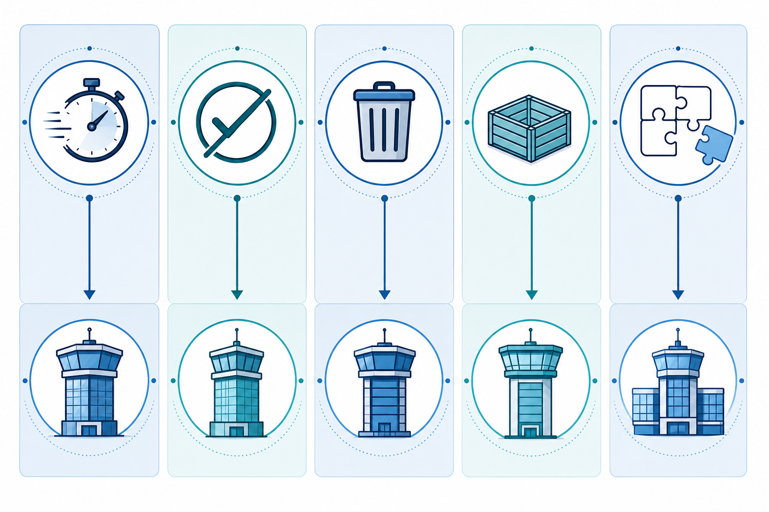 A decision matching matrix with five columns mapping supply chain pain points to corresponding control tower solution types.