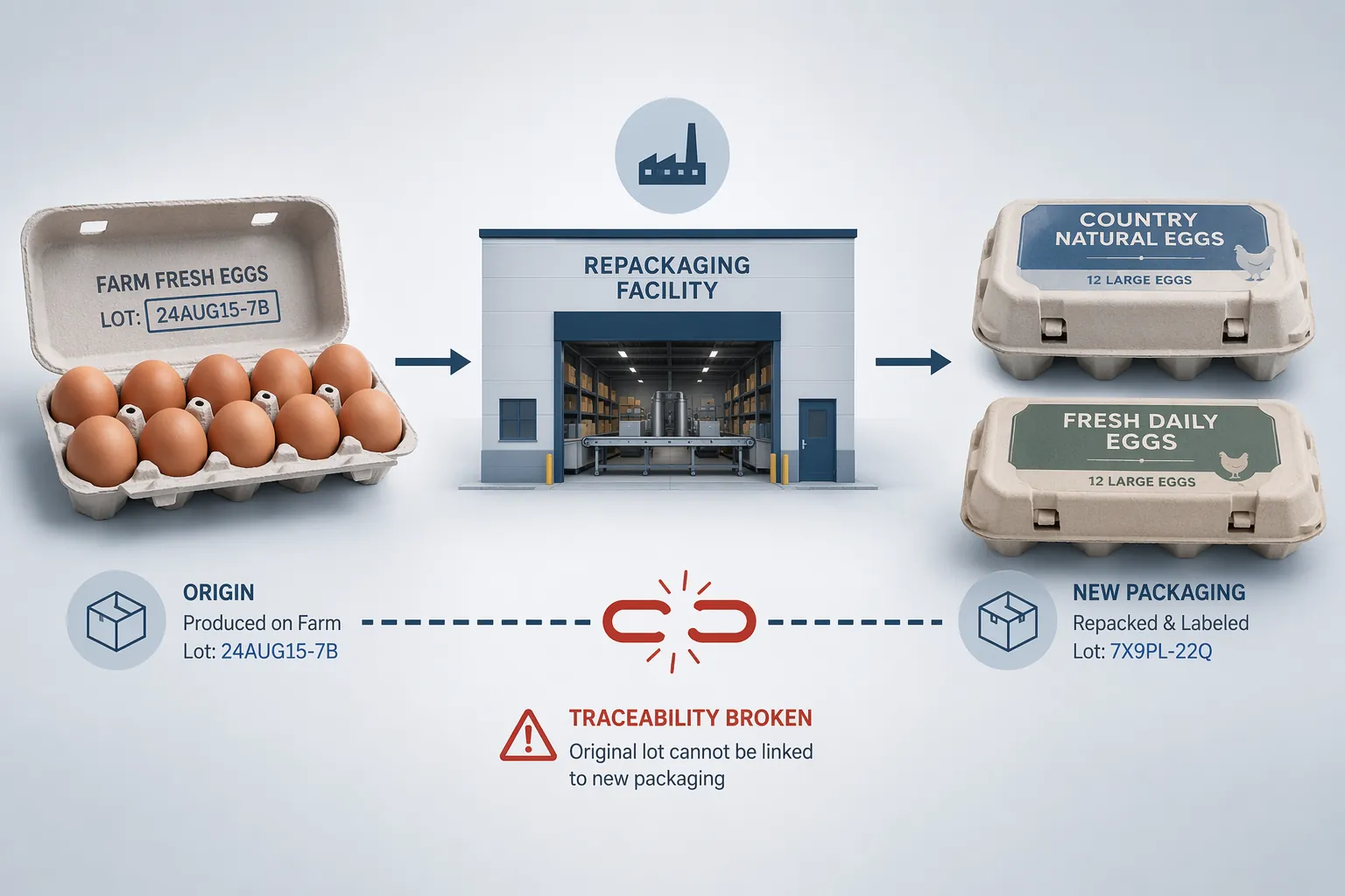 Egg cartons entering a repackaging facility and leaving with a different brand label while the traceability line is broken