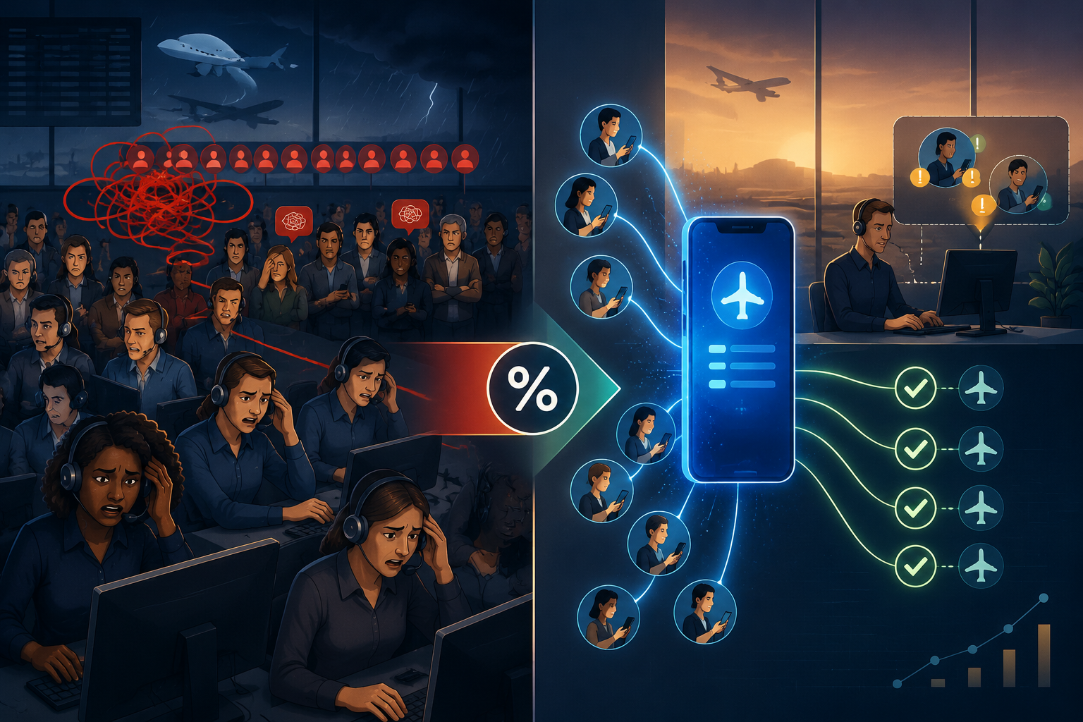 Comparison of chaotic call center queues and calmer AI-enabled passenger self-service rebooking