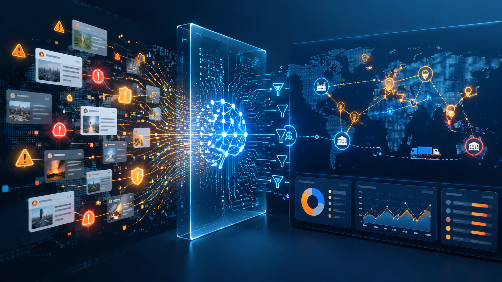 Chaotic travel advisory alerts flowing through an AI layer into a structured supply chain risk network