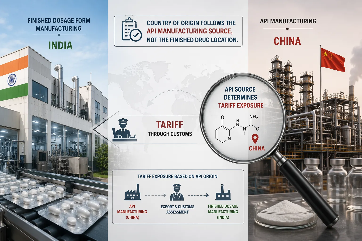 Finished dosage form factory and API manufacturing plant connected by a customs tariff arrow