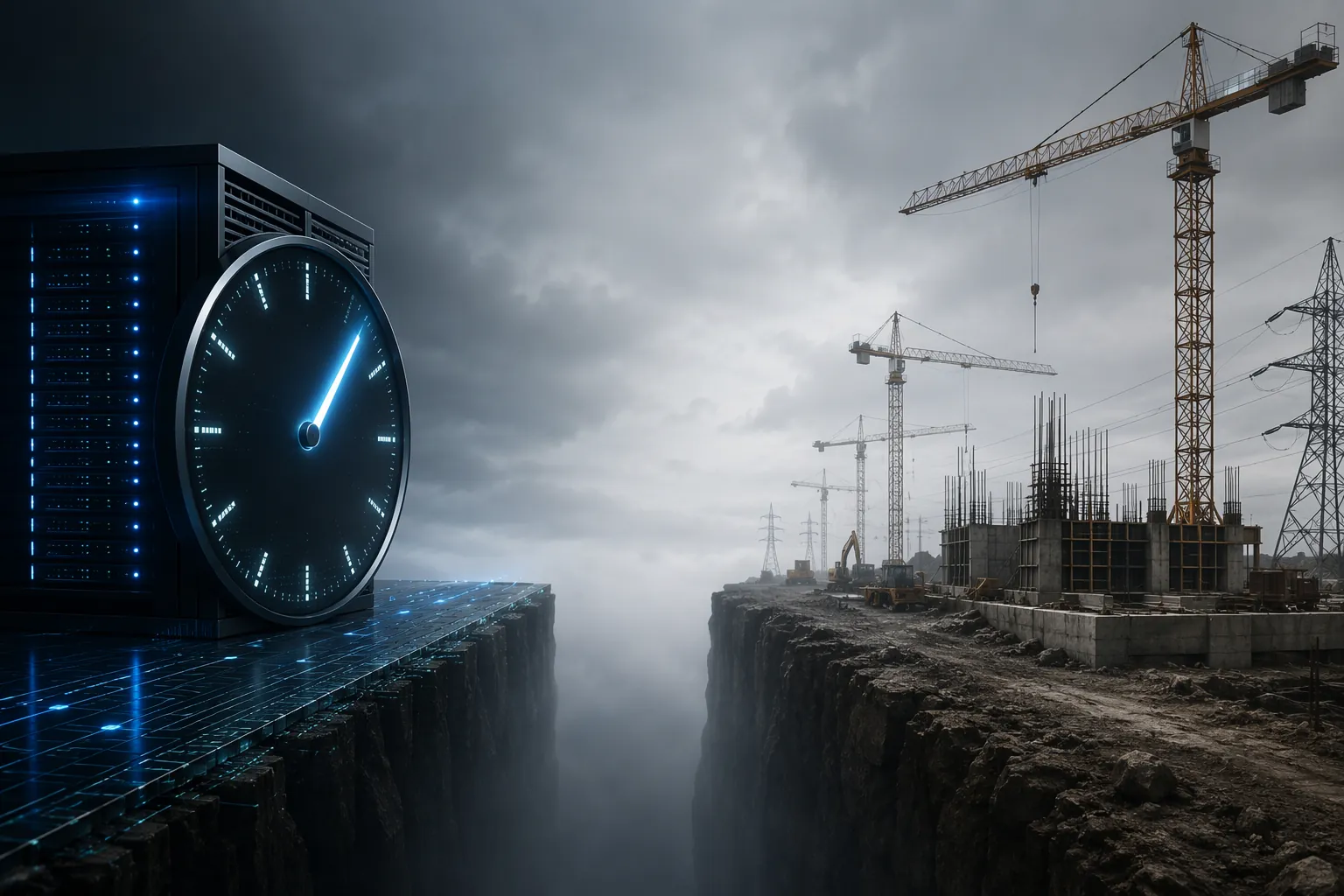 Fast digital server environment contrasted with slower construction scene of cranes, concrete, power lines, and earthmoving equipment