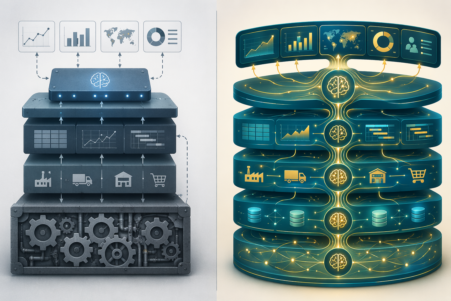 Comparison of a legacy planning engine with an added AI layer and an AI-integrated supply chain software architecture