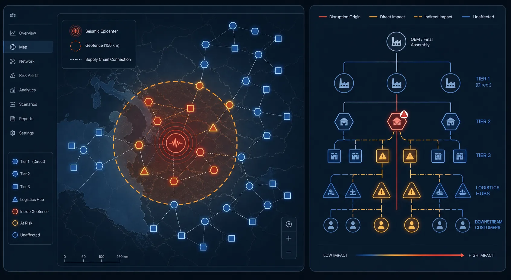 Dashboard view with a seismic geofence around an epicenter and a tiered supplier dependency tree showing disruption propagation