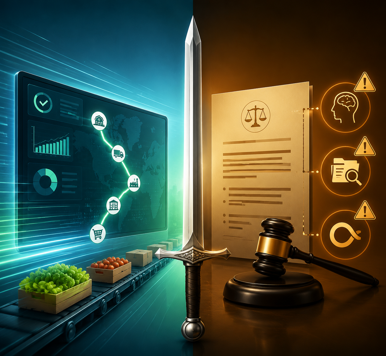 Split illustration of fast digital food traceability leading into legal risk indicators