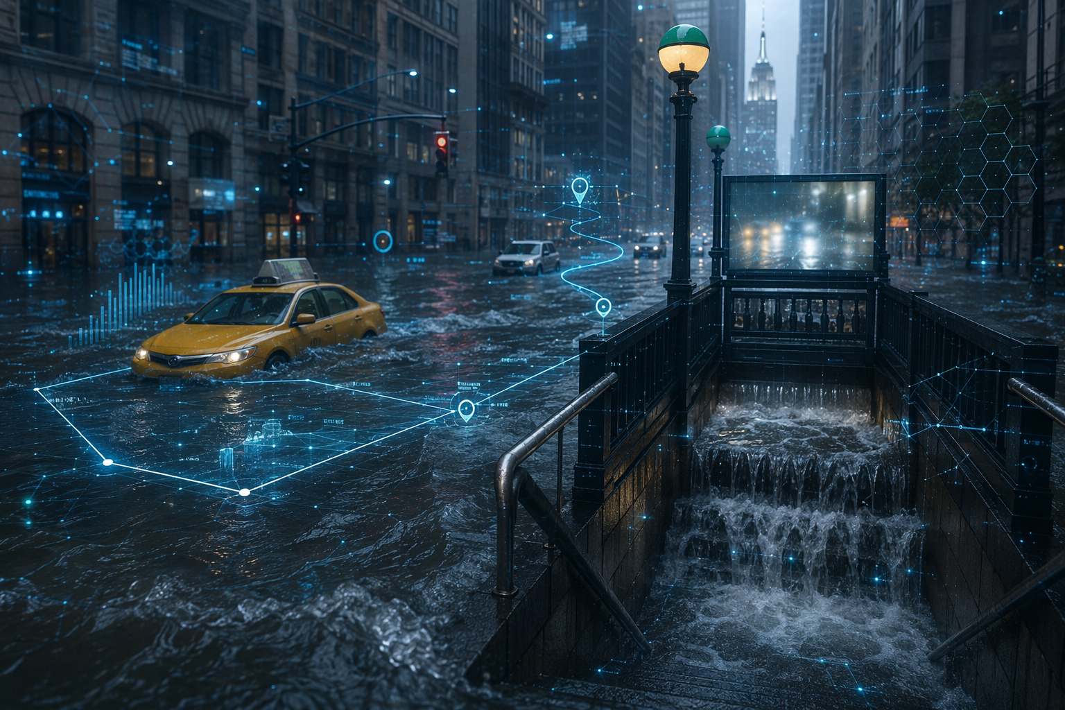 Flooded New York City street with digital route lines, geofence markers, and data grid overlays