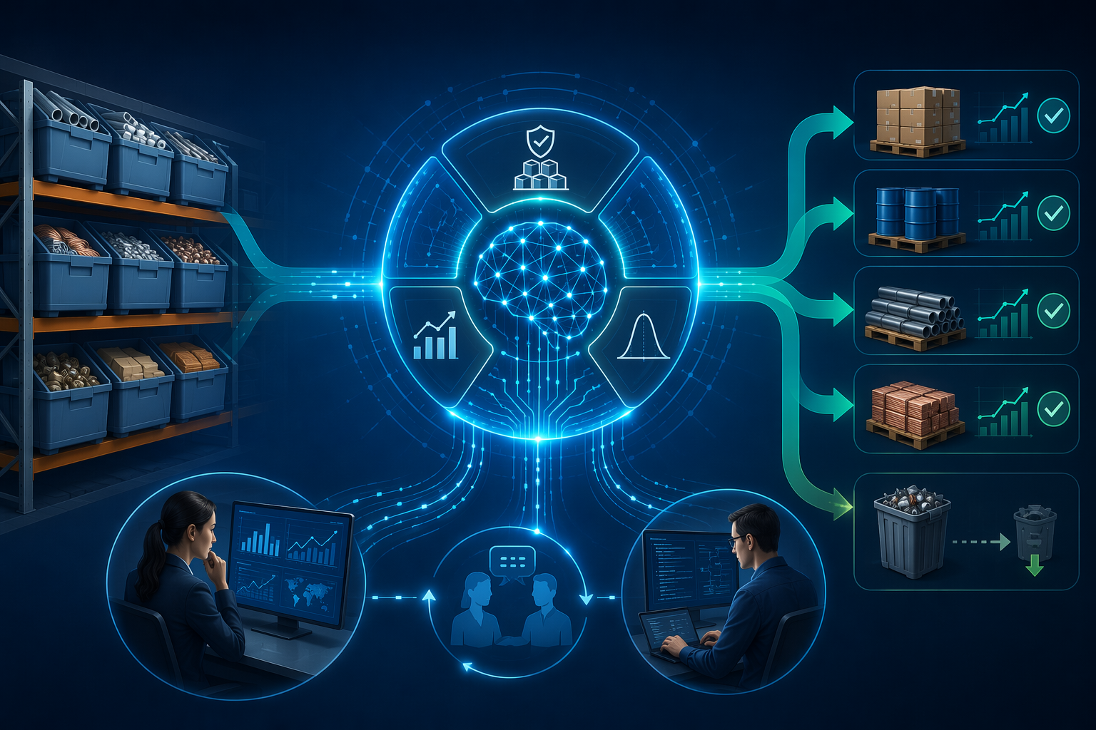 AI-enhanced material planning and MRP optimization with planners and data engineers feeding inventory data into an algorithm engine
